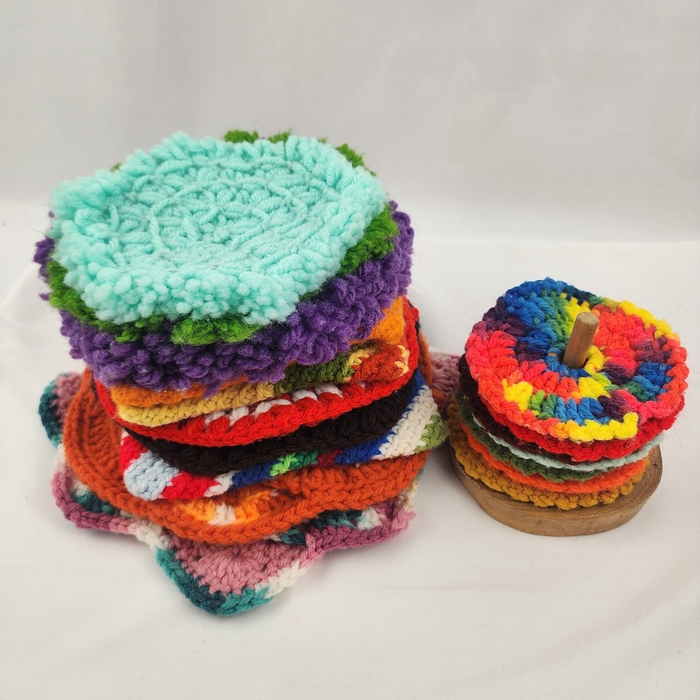 Vintage Handmade Crocheted Lot of 10 Hot‎ Pads Pot Holders 8 Coasters With Stand